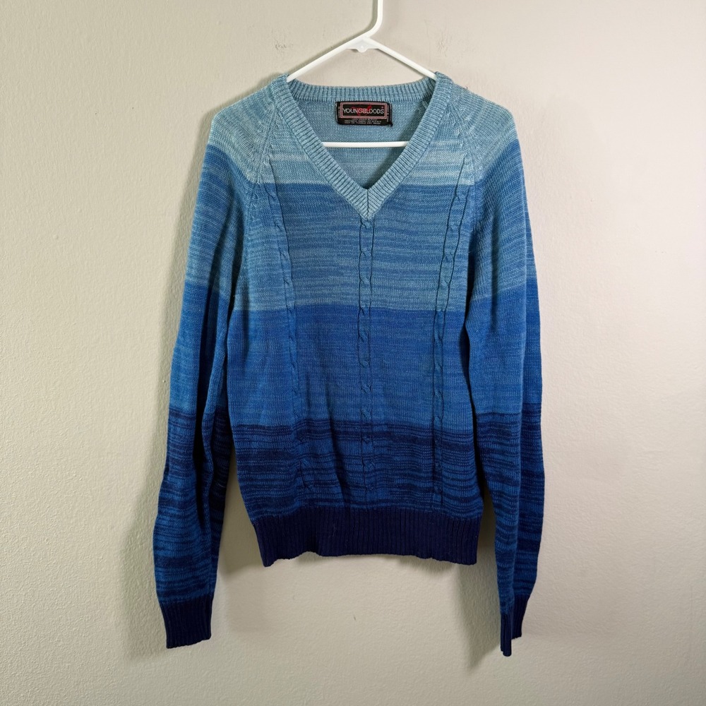 Vintage Youngbloods Mens Blue‎ Ombre V-Neck Cable Knit Striped Sweater Medium